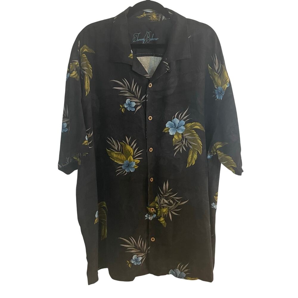 Tommy Bahama 100% silk Dark Gray Hibiscus Tropical Aloha Hawaiian Shirt XXL
